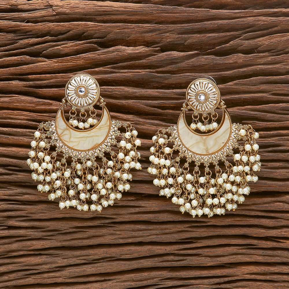 The Ivory Monarch Enameled Diamond and Pearl Chandbali Earrings - KraftKarat
