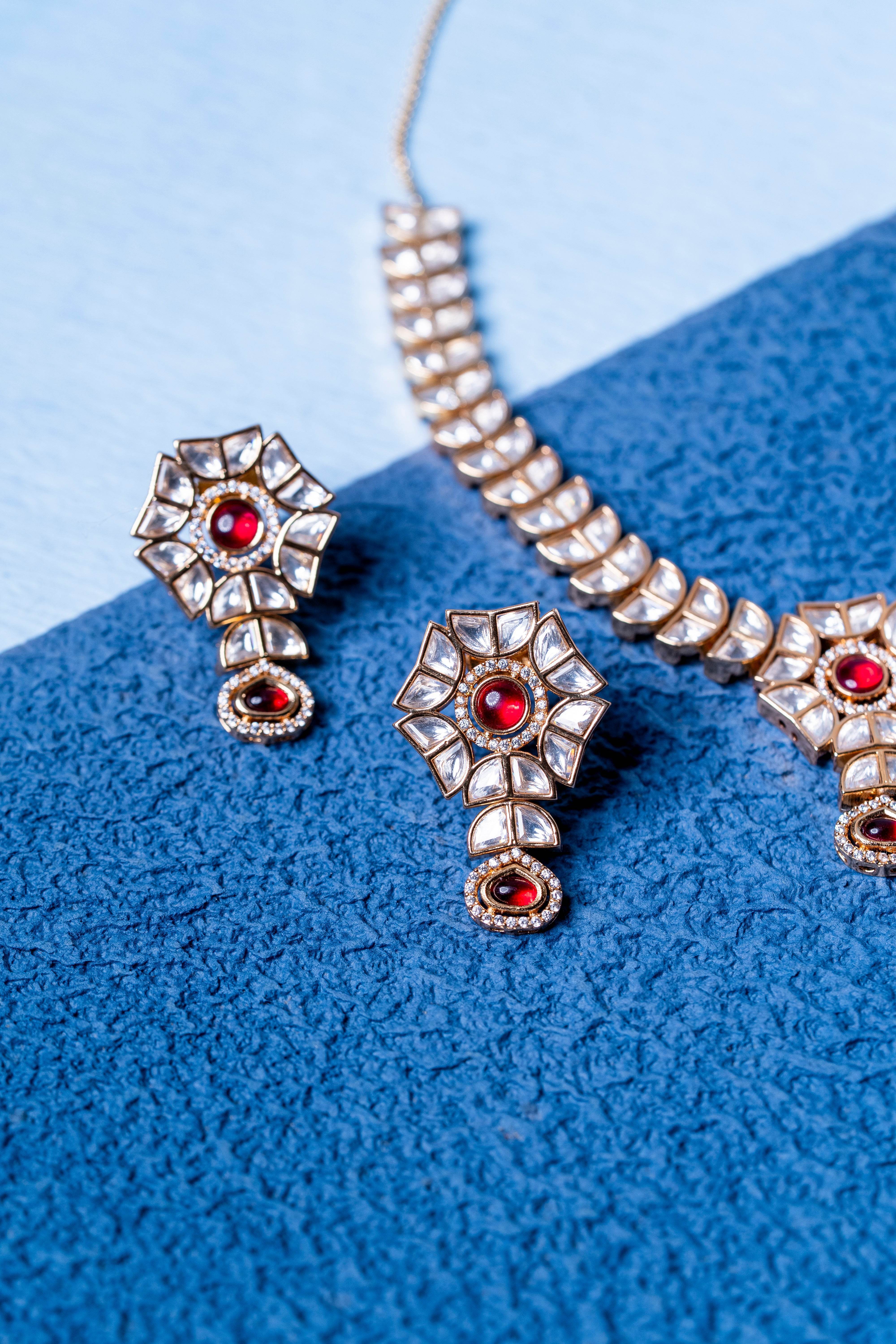 Exquisite Ruby & Kundan Gold Plated Jewellery Set - KraftKarat