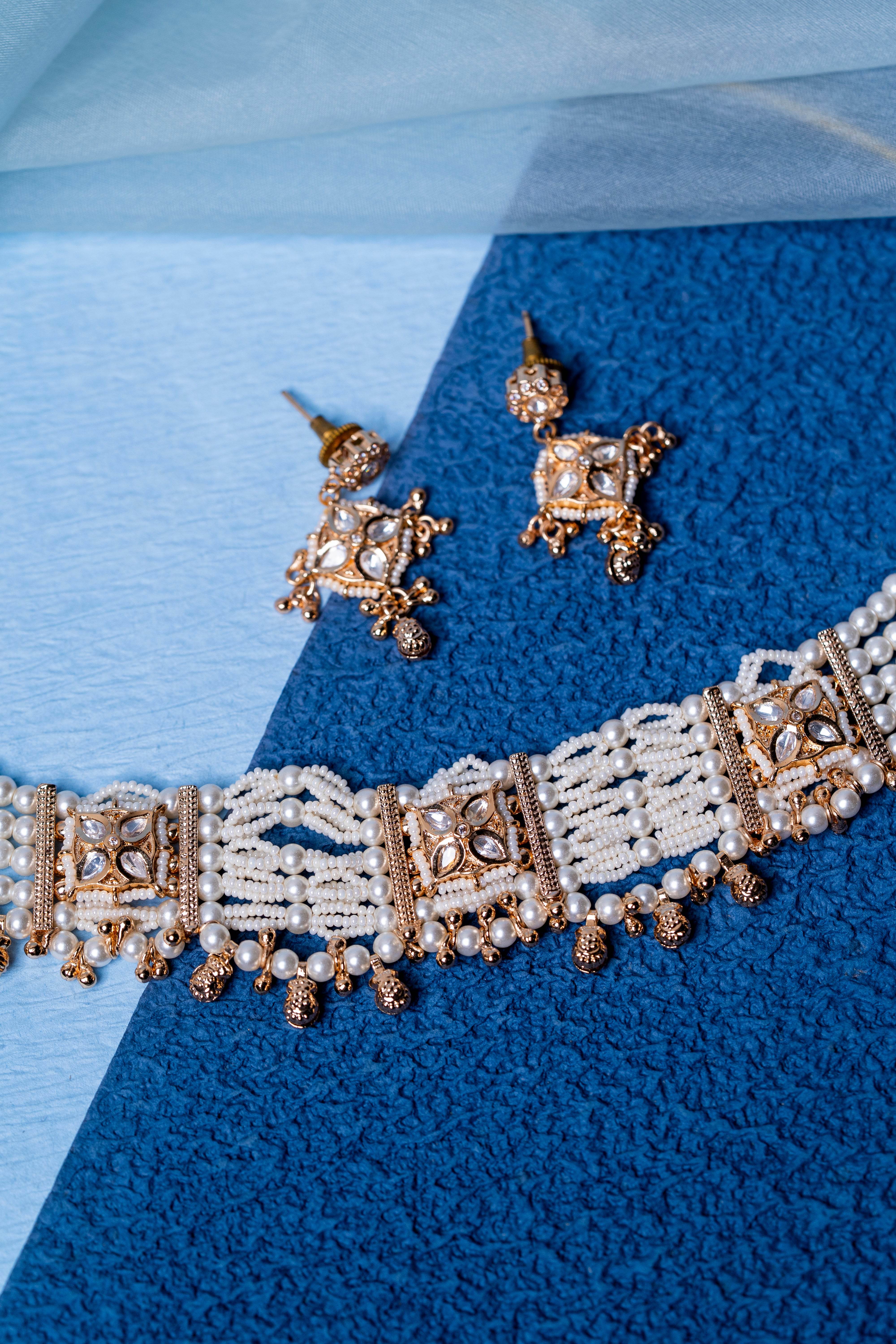 Elegant Empress Diamond and Pearl Choker Set - KraftKarat