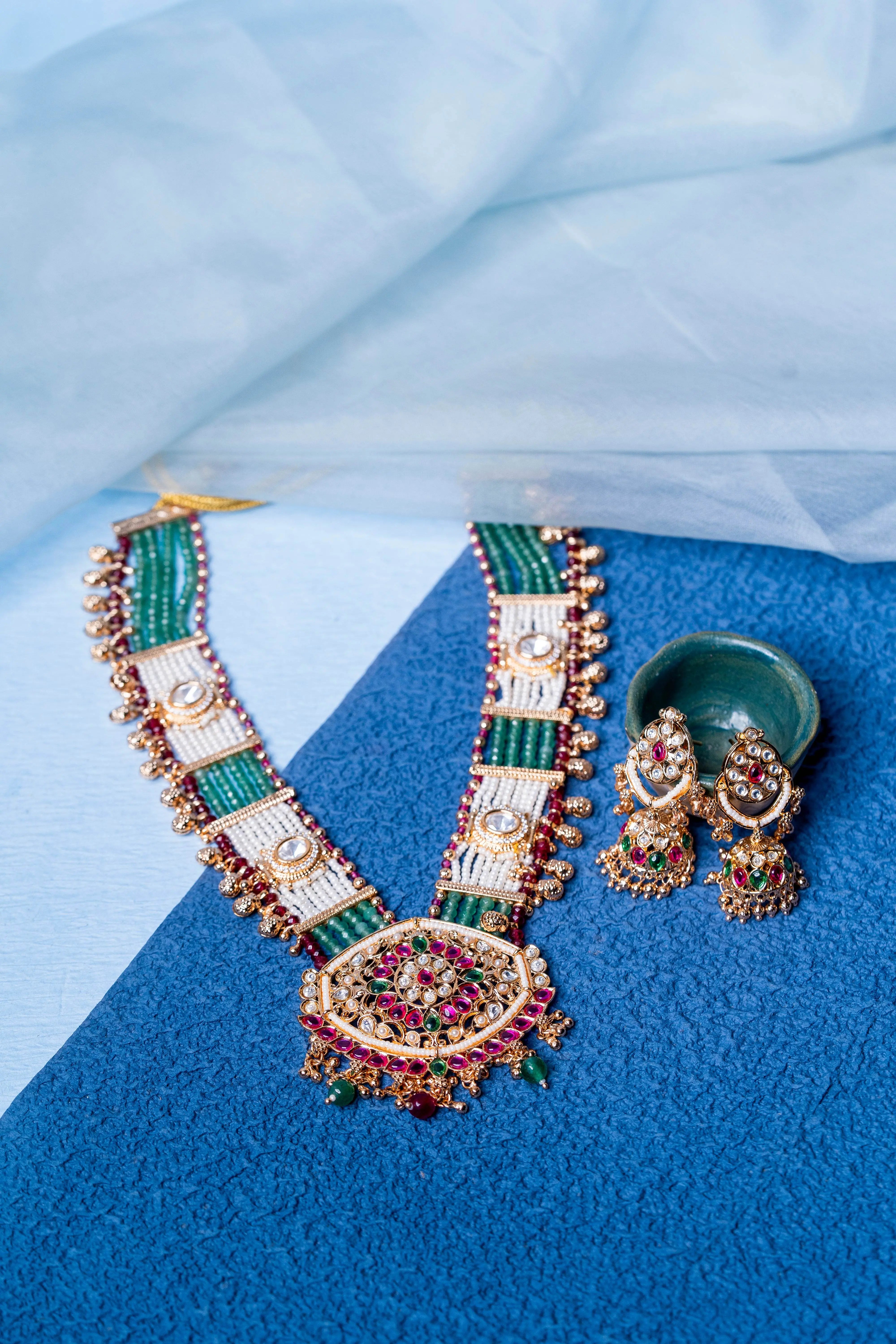 Bridal Green & Ruby Layered Kundan Necklace Set - KraftKarat