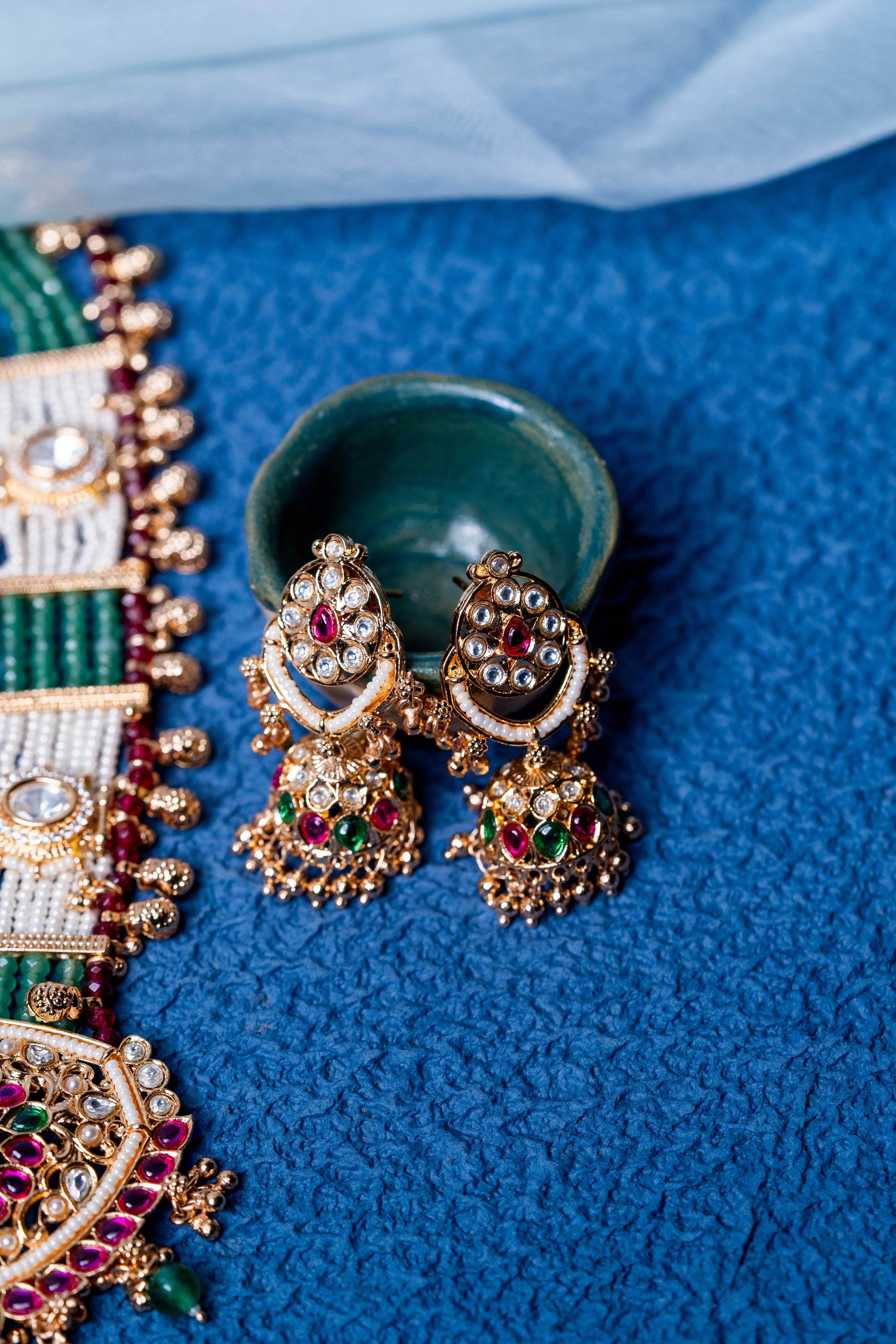 Bridal Green & Ruby Layered Kundan Necklace Set - KraftKarat