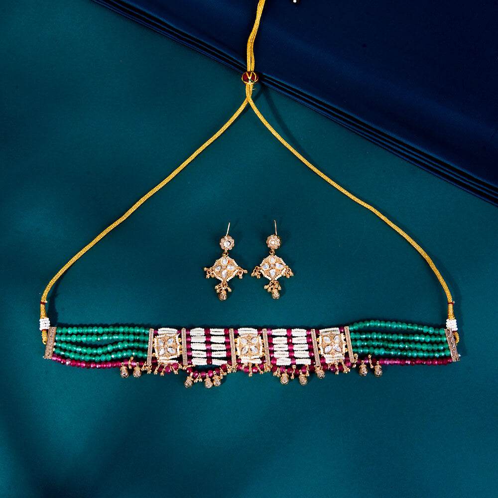 Woven Elegance Polki Choker Set - KraftKarat