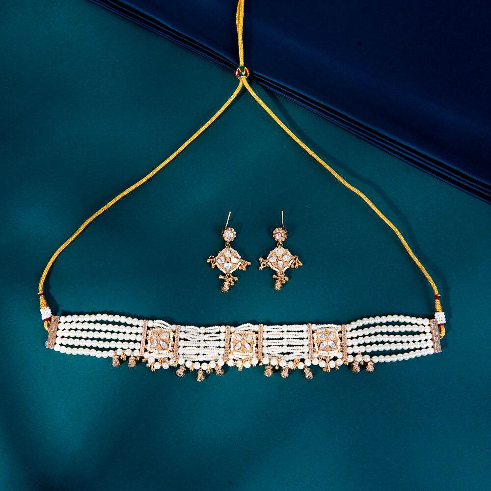Elegant Empress Diamond and Pearl Choker Set - KraftKarat