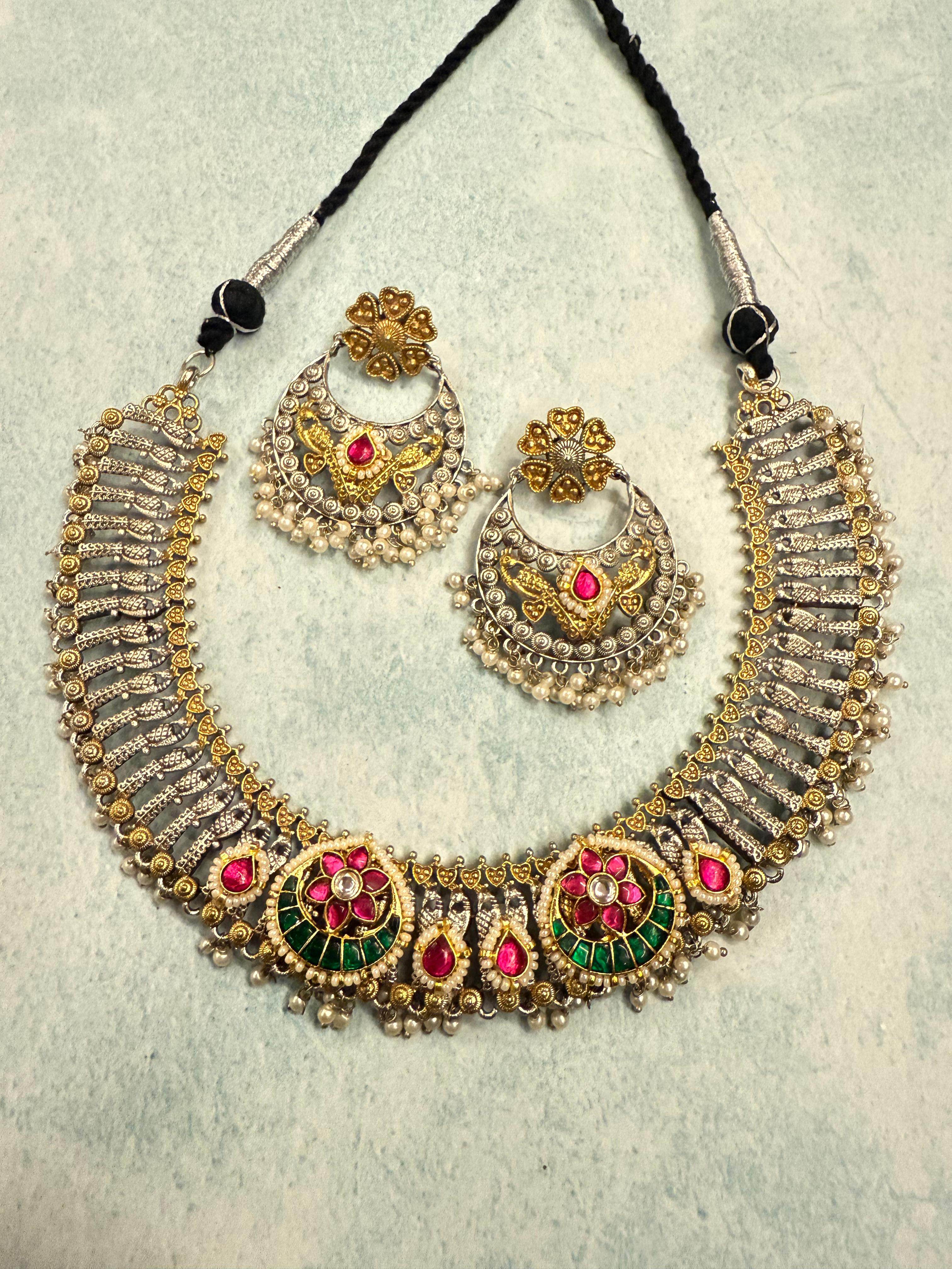 German Silver Necklace Set with Pink & Green Stones - KraftKarat