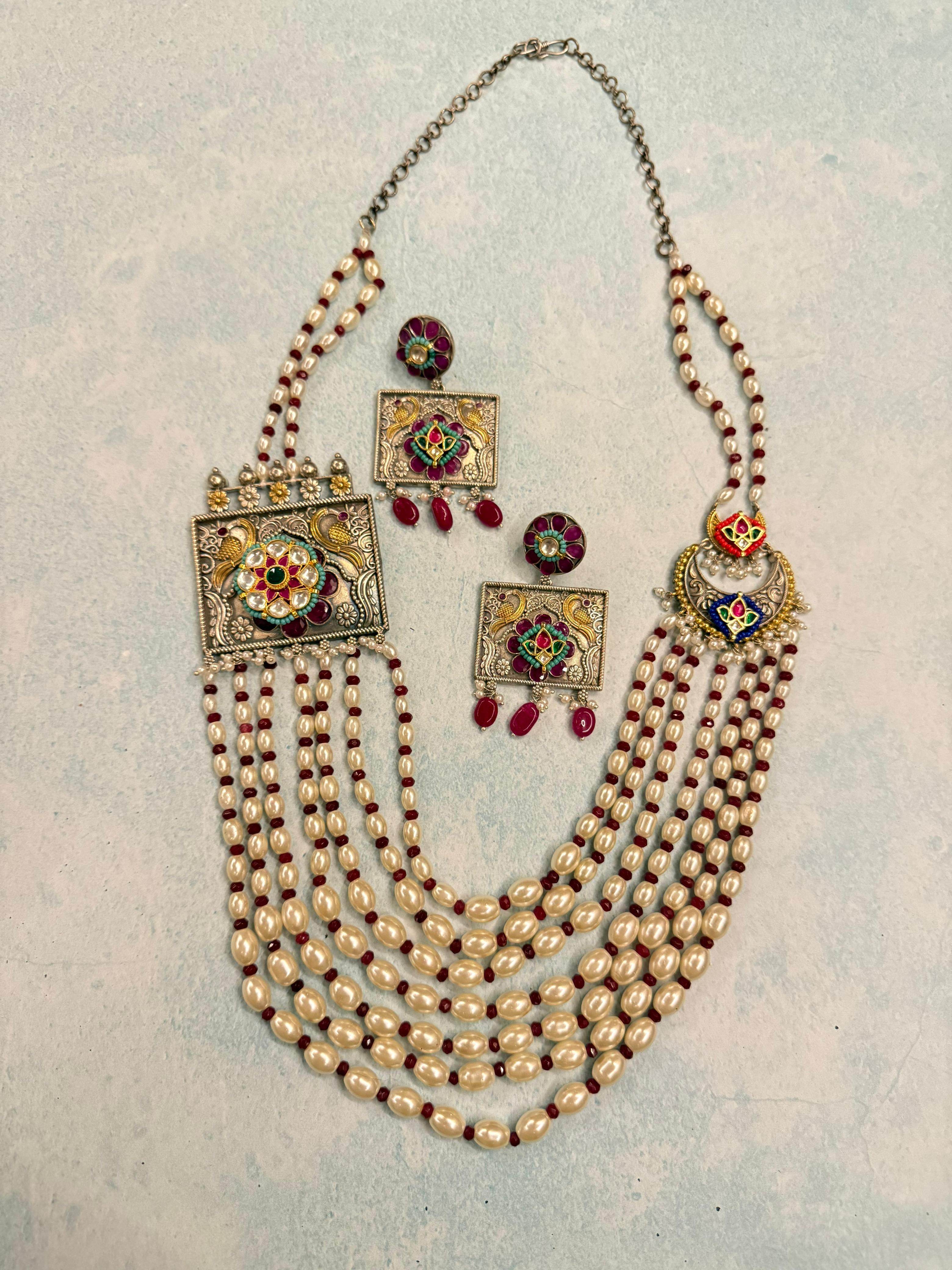 German Silver Pearl Layered Necklace Set - KraftKarat