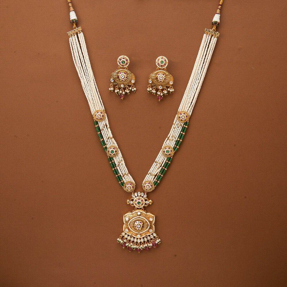 Bridal Multi-Strand Pearl & Green Beaded Necklace Set - KraftKarat