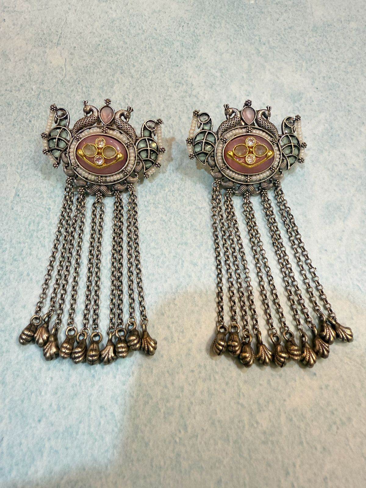 Pink & Mint Peacock Cascade German Silver Jhumkas - KraftKarat