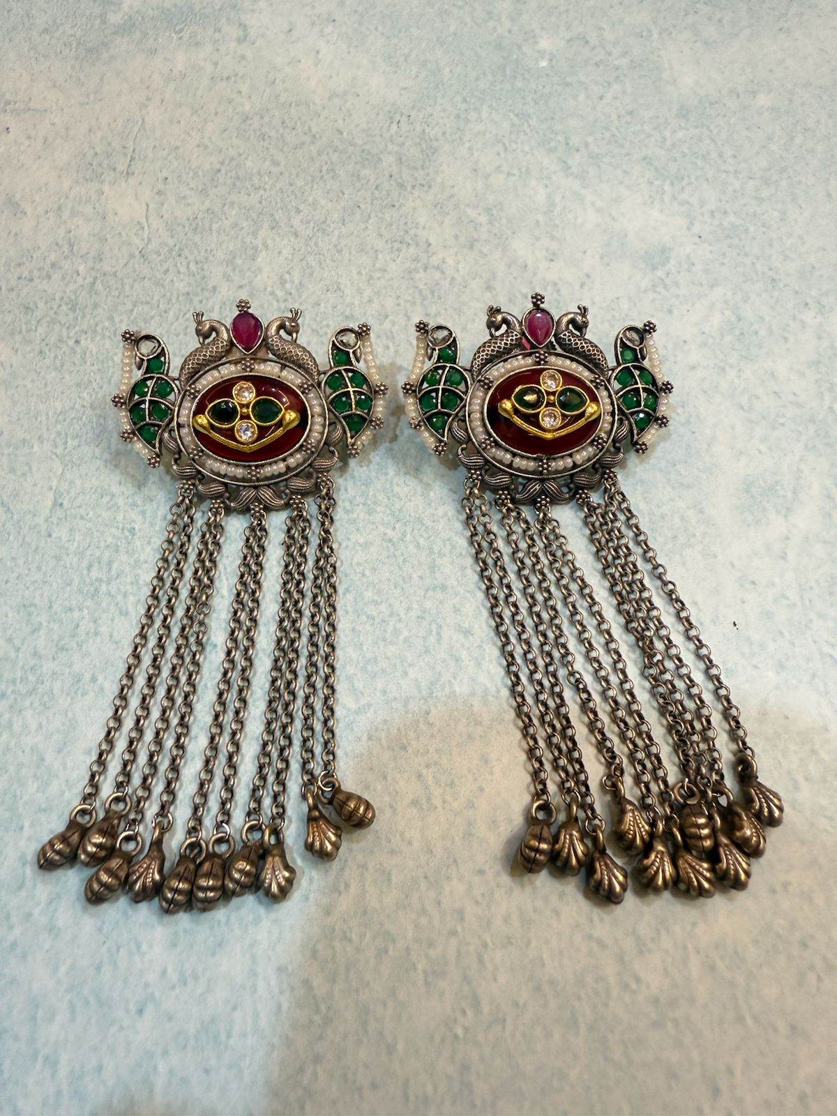 Crimson & Emerald Peacock German Silver Jhumkas - KraftKarat