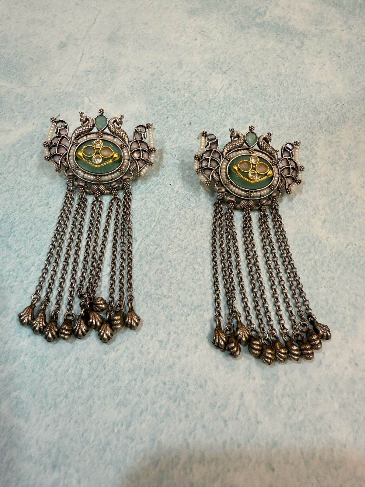 Forest Green Peacock German Silver Earrings - KraftKarat