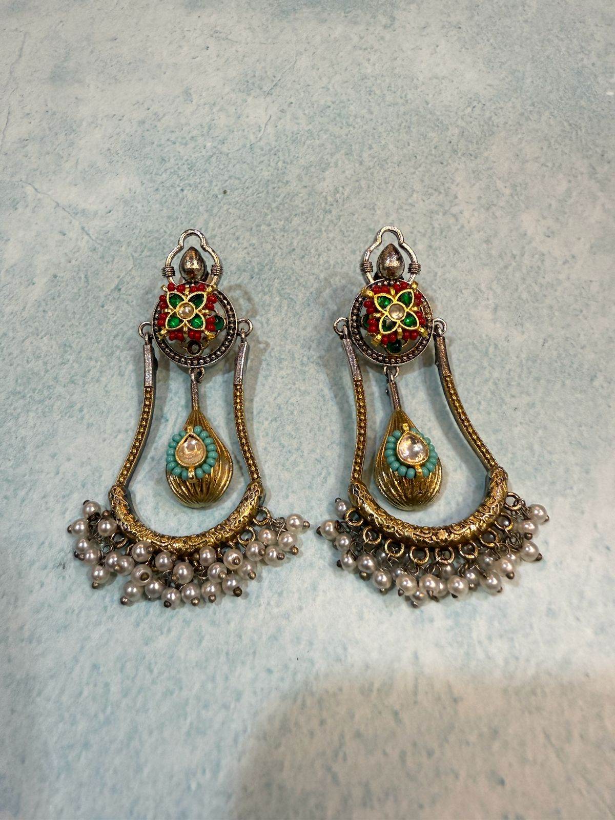 Zaina Green & Red Enamel German Silver Earrings - KraftKarat