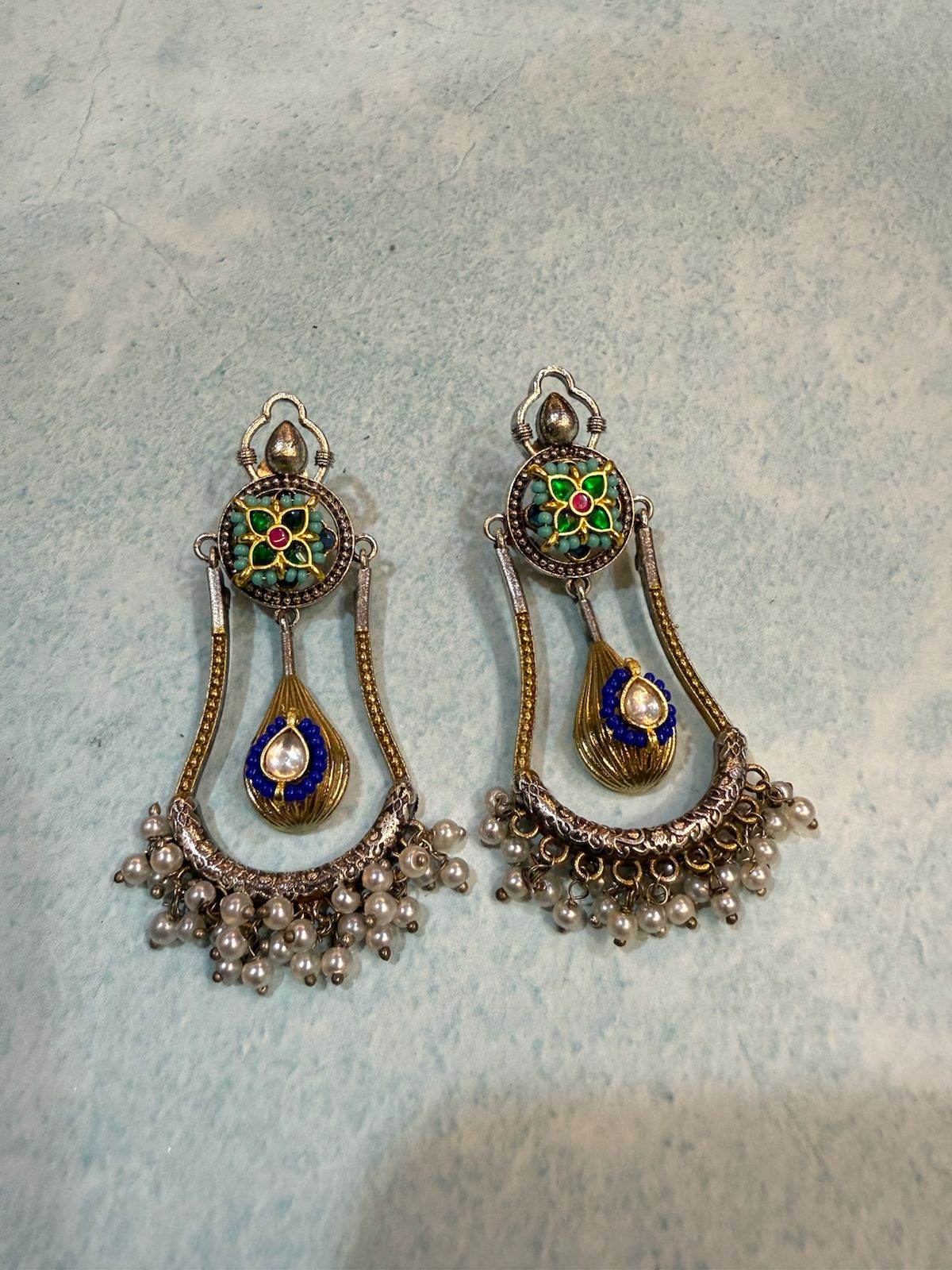 The 'Neela Kamal' Dual-Tone German Silver Earrings - KraftKarat