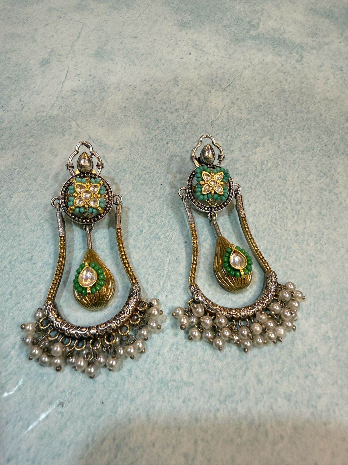 Meenakari Emerald Dewdrop German Silver Jhumka Earrings - KraftKarat