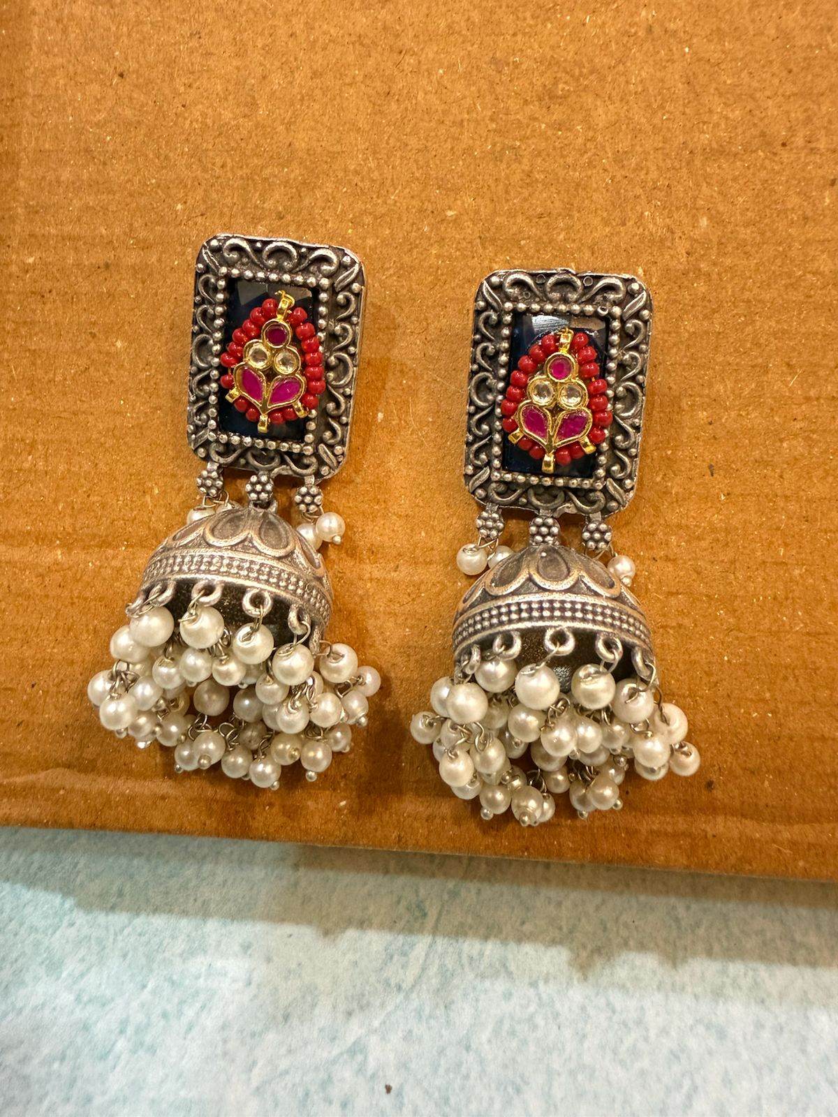 Royal Crimson and Onyx Jhumka Earrings - KraftKarat