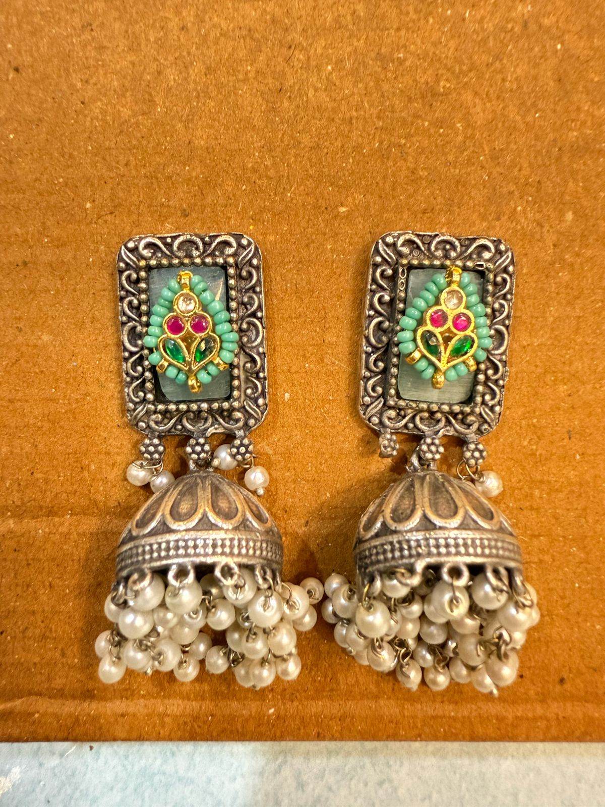 Mint Panna and Ruby German Silver Jhumkas - KraftKarat