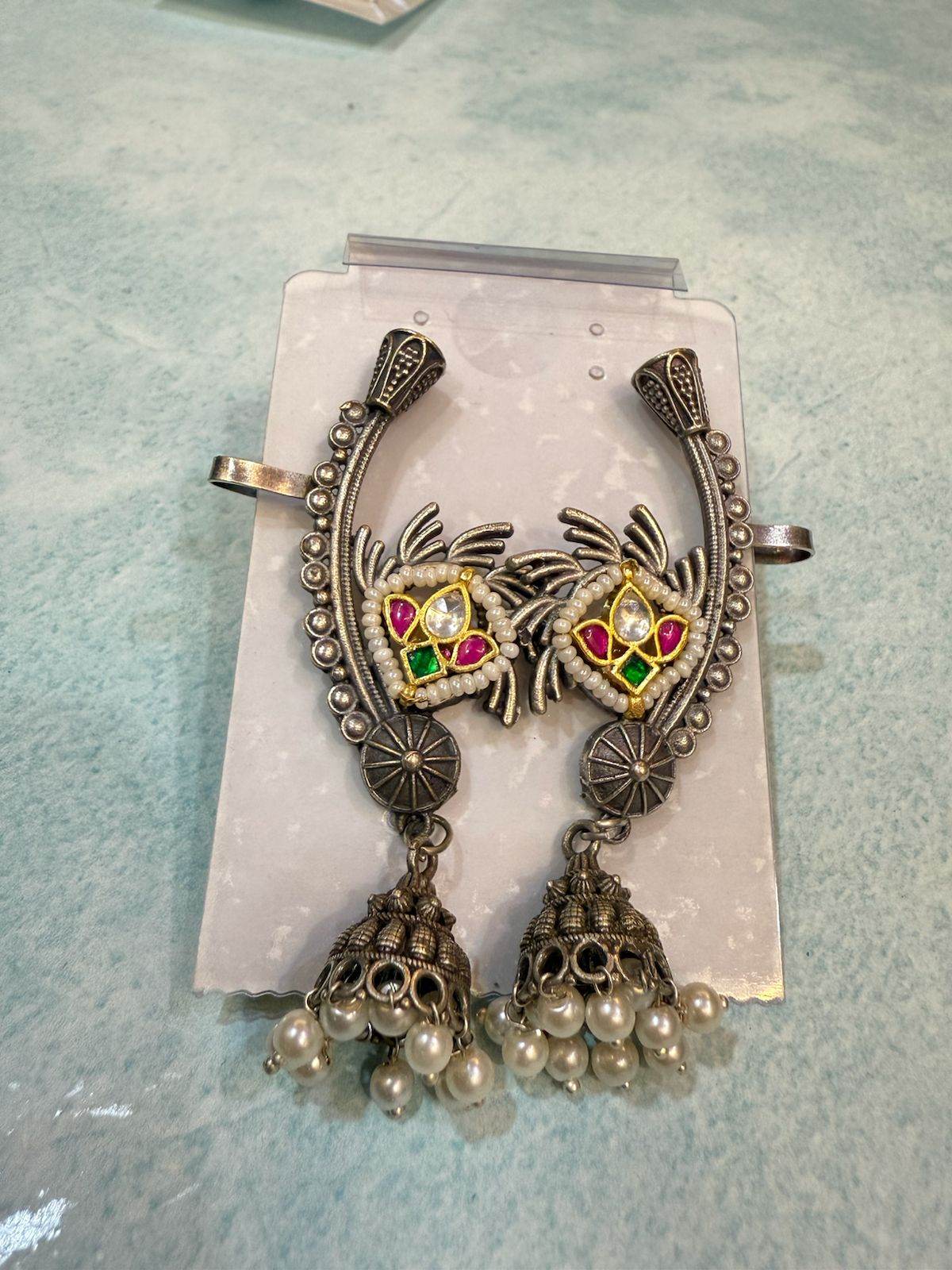 Rani Jhoomar - German Silver Earrings with Gemstone and Pearl Accents - KraftKarat