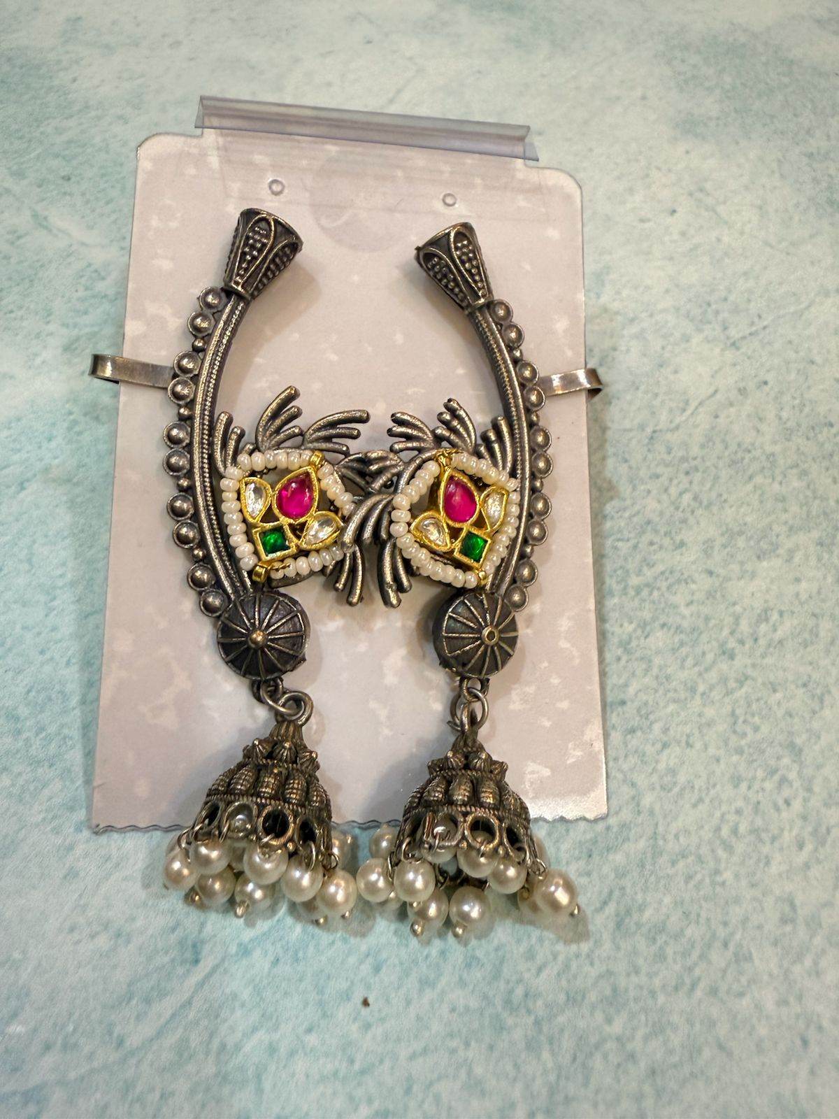 Rani Jhoomar - German Silver Earrings with Gemstone and Pearl Accents - KraftKarat